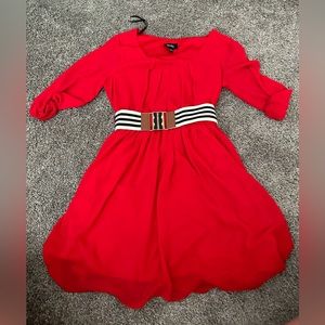 Red 3/4 sleeve dress with belt.